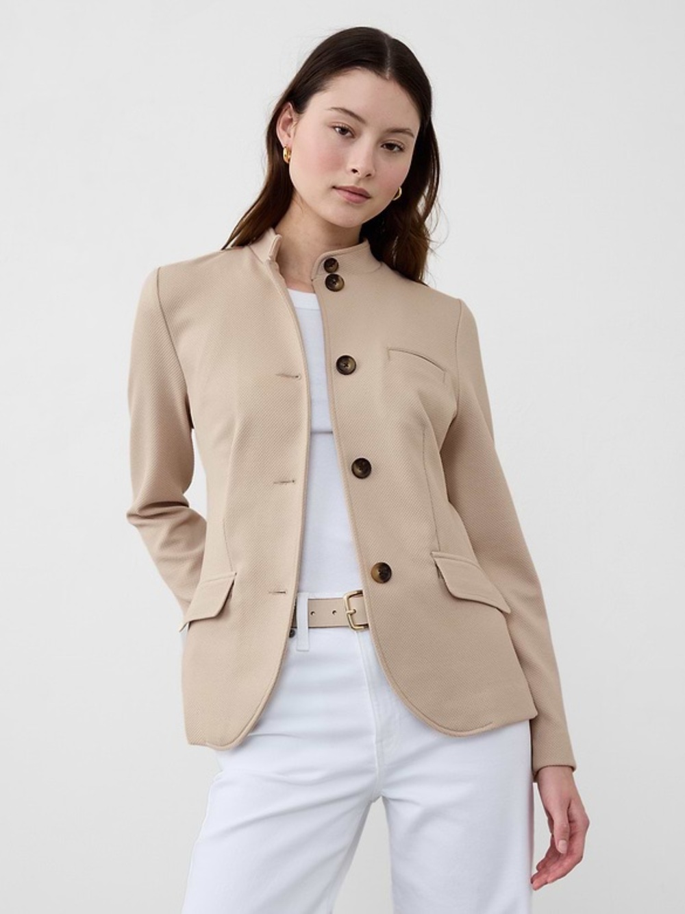 Banana Republic Light Beige Textured Stand-Collar Blazer